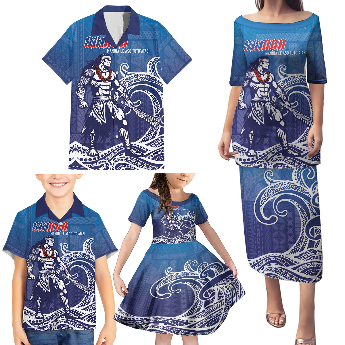 Samoa Manuia le Aso Tuto'atasi Siapo Motif Family Matching Puletasi and Hawaiian Shirt Warrior with Nifo Oti LT7 - Polynesian Pride