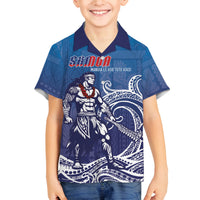 Samoa Manuia le Aso Tuto'atasi Siapo Motif Family Matching Puletasi and Hawaiian Shirt Warrior with Nifo Oti LT7 Son's Shirt Blue - Polynesian Pride