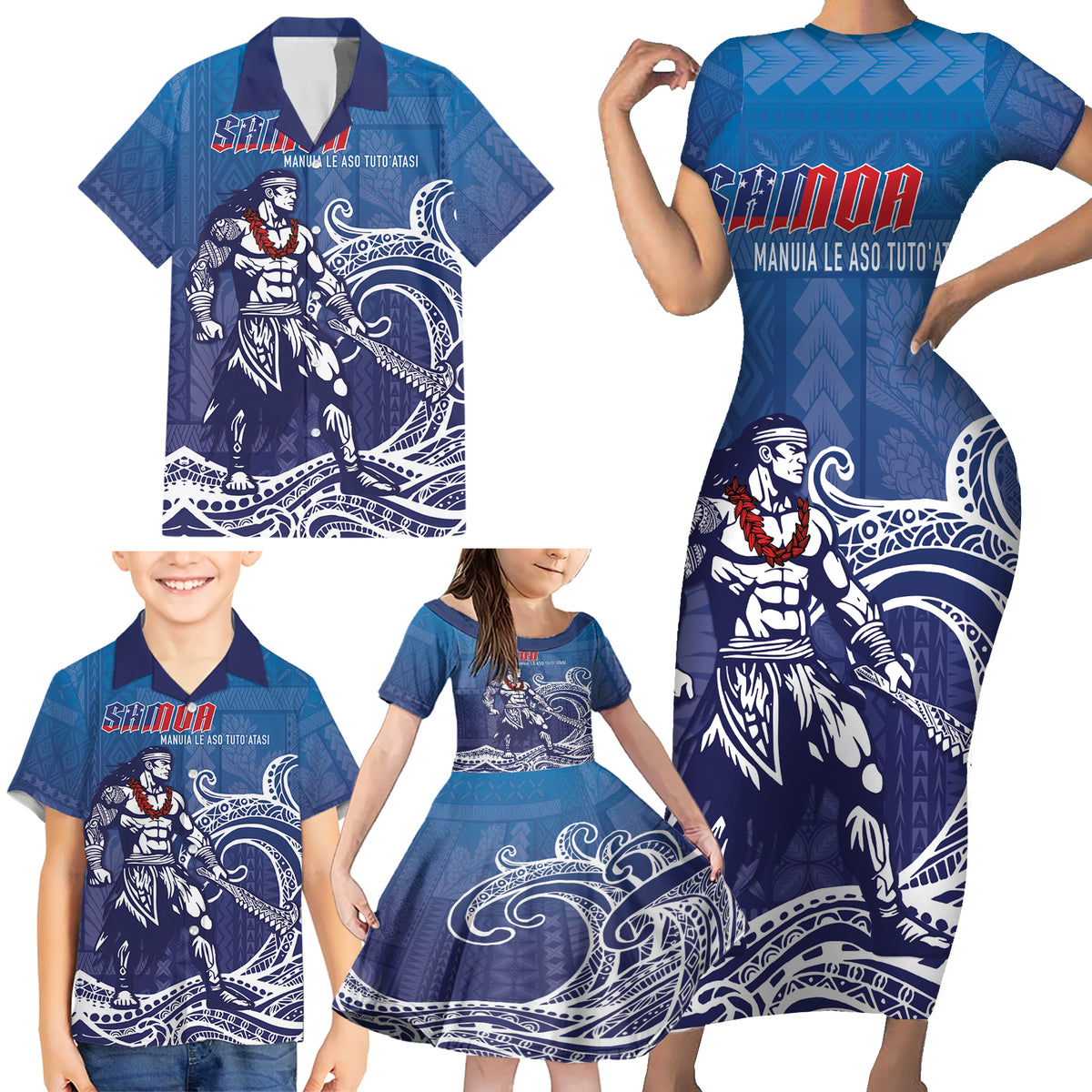 Samoa Manuia le Aso Tuto'atasi Siapo Motif Family Matching Short Sleeve Bodycon Dress and Hawaiian Shirt Warrior with Nifo Oti LT7 - Polynesian Pride