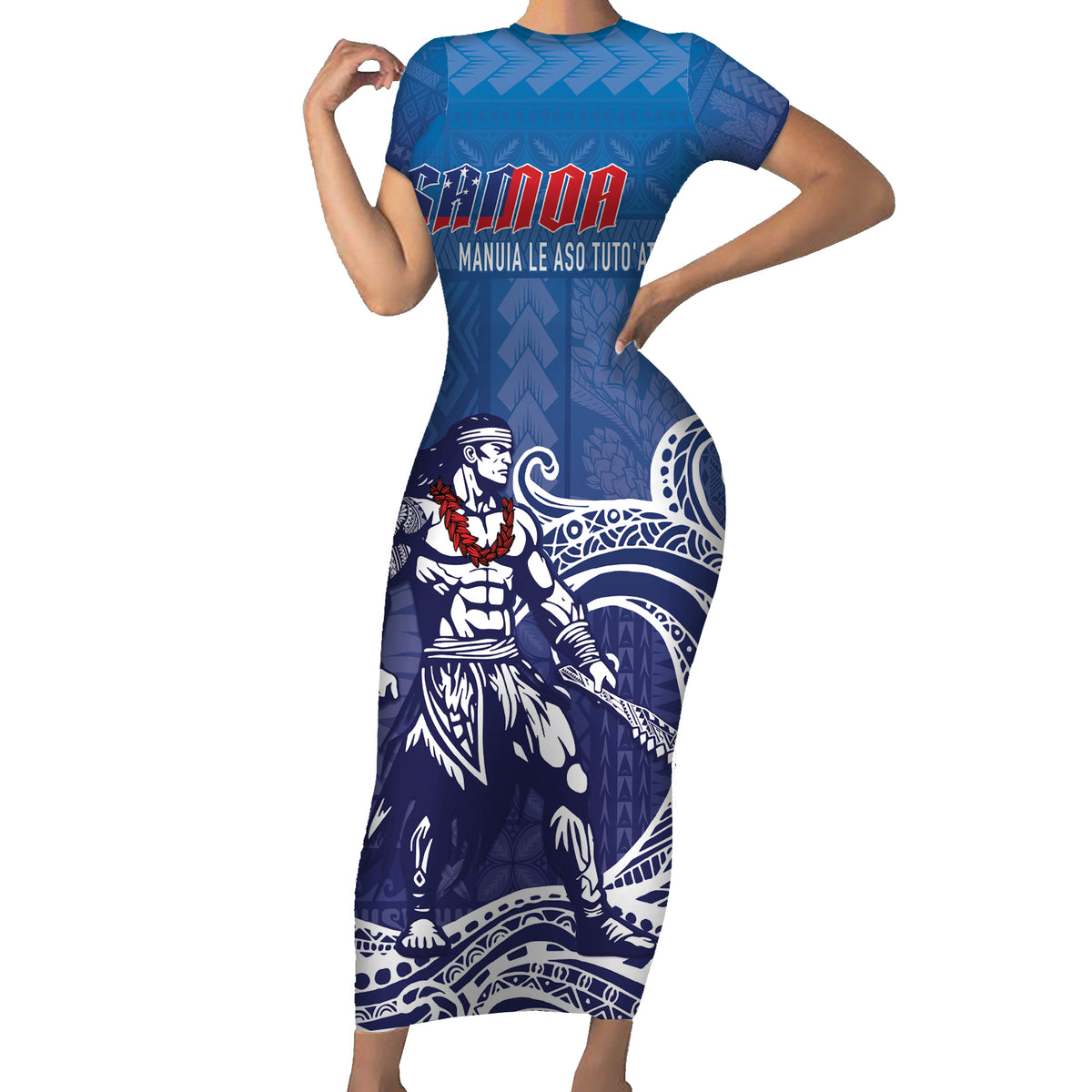 Samoa Manuia le Aso Tuto'atasi Siapo Motif Family Matching Short Sleeve Bodycon Dress and Hawaiian Shirt Warrior with Nifo Oti LT7 Mom's Dress Blue - Polynesian Pride