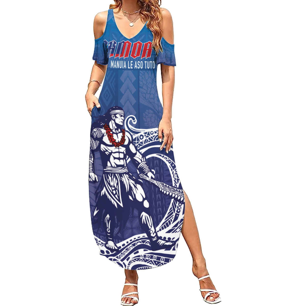 Samoa Manuia le Aso Tuto'atasi Siapo Motif Family Matching Summer Maxi Dress and Hawaiian Shirt Warrior with Nifo Oti LT7 Mom's Dress Blue - Polynesian Pride