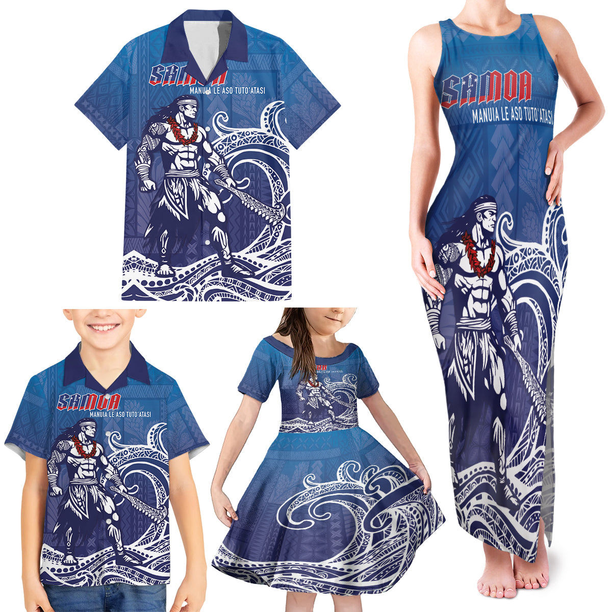 Samoa Manuia le Aso Tuto'atasi Siapo Motif Family Matching Tank Maxi Dress and Hawaiian Shirt Warrior with Nifo Oti LT7 - Polynesian Pride