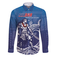 Samoa Manuia le Aso Tuto'atasi Siapo Motif Family Matching Tank Maxi Dress and Hawaiian Shirt Warrior with Nifo Oti LT7 Dad's Shirt - Long Sleeve Blue - Polynesian Pride