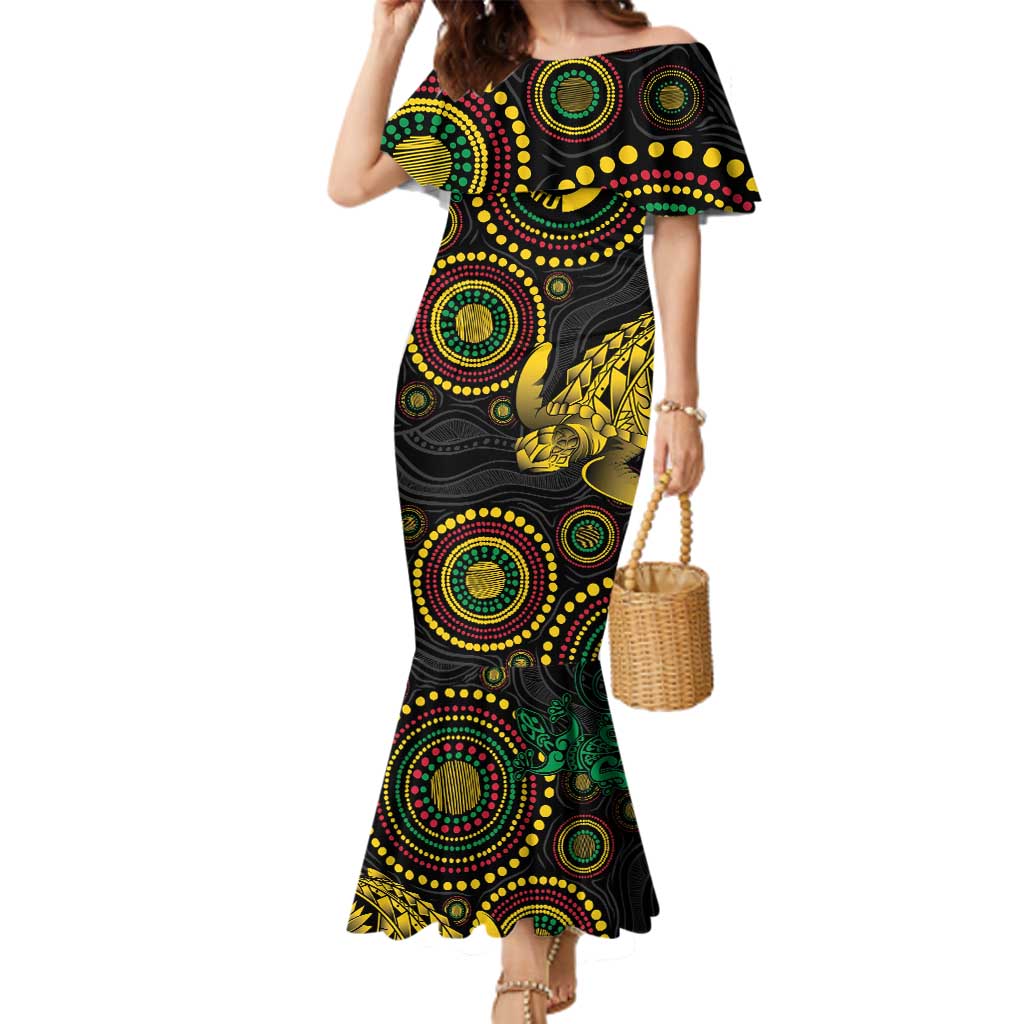 Vanuatu Personalized Aboriginal Arts Family Matching Mermaid Dress and Hawaiian Shirt Turtle and Iguana Special - Polynesian Pride