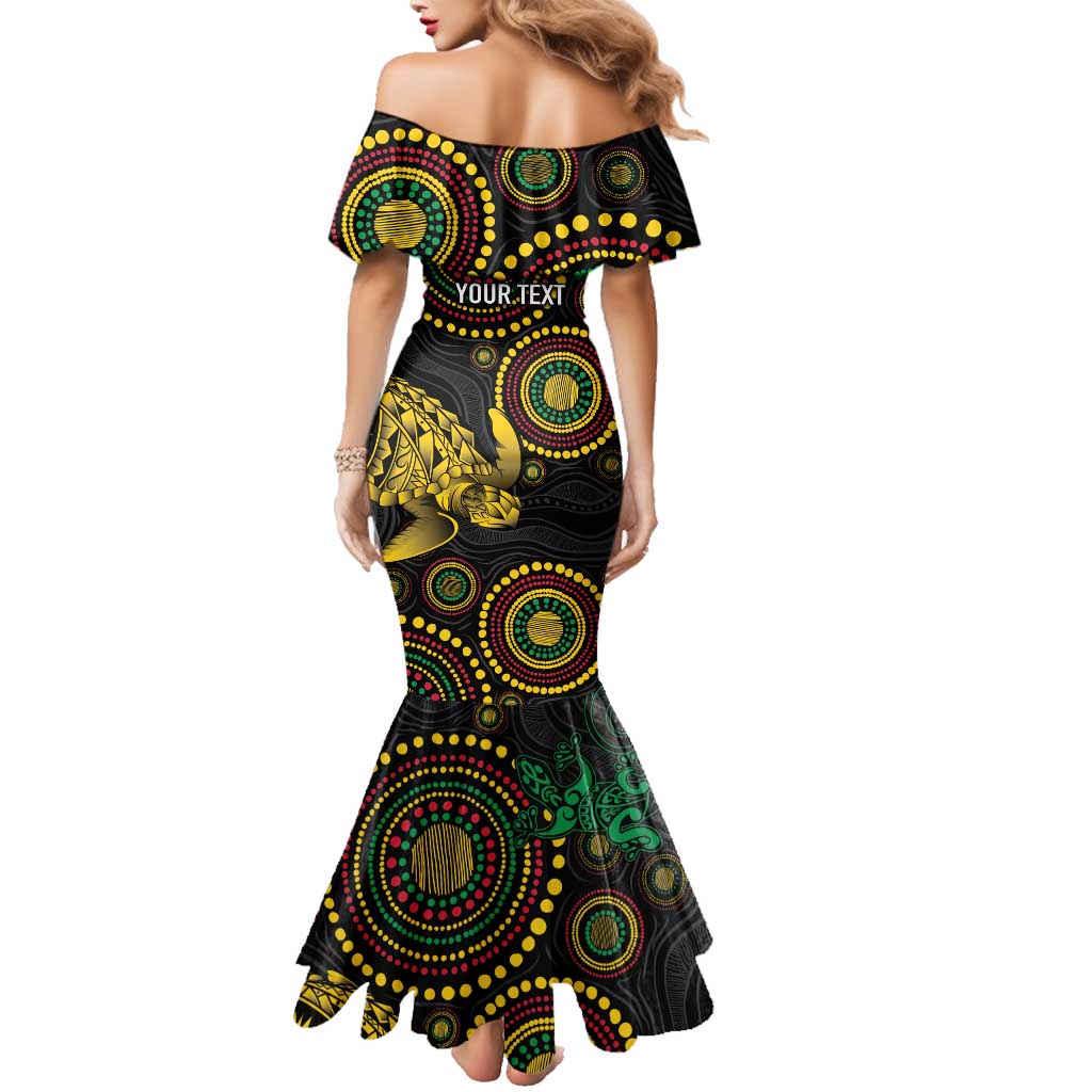 Vanuatu Personalized Aboriginal Arts Family Matching Mermaid Dress and Hawaiian Shirt Turtle and Iguana Special - Polynesian Pride