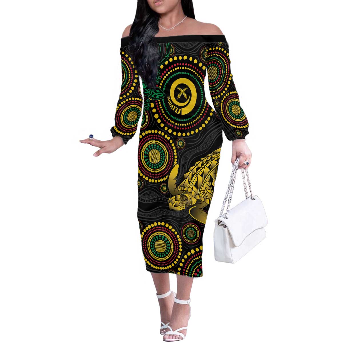 Vanuatu Personalized Aboriginal Arts Family Matching Off The Shoulder Long Sleeve Dress and Hawaiian Shirt Turtle and Iguana Special - Polynesian Pride