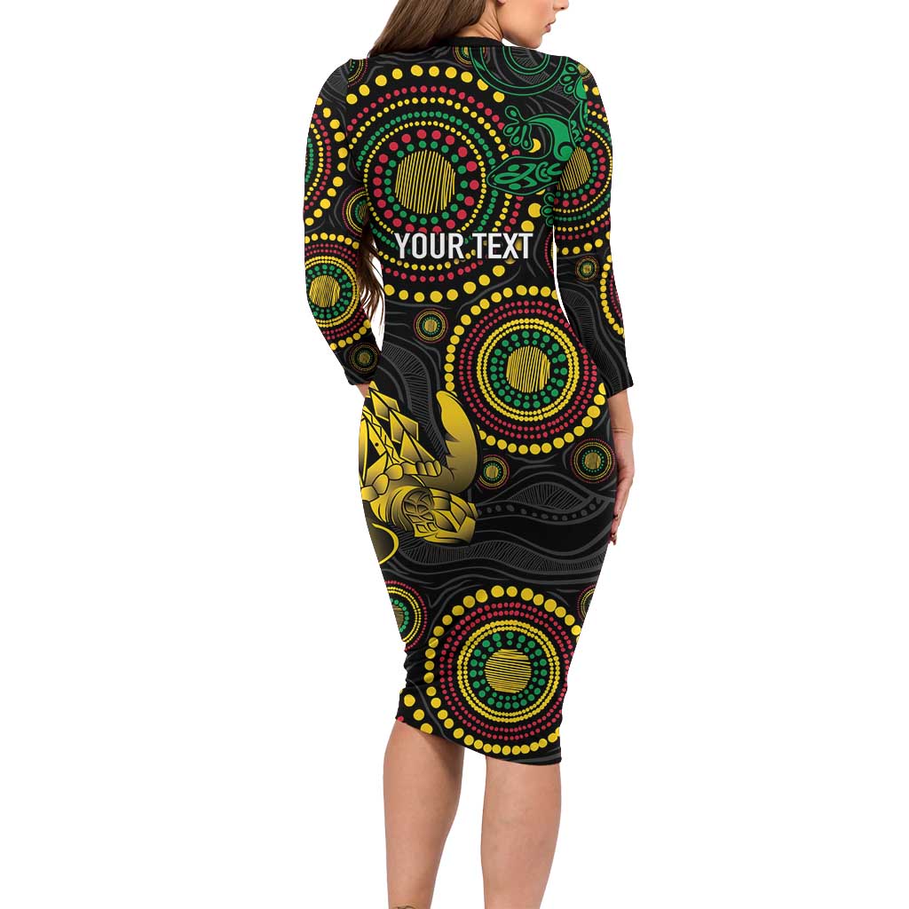 Vanuatu Personalized Aboriginal Arts Long Sleeve Bodycon Dress Turtle and Iguana Special - Polynesian Pride