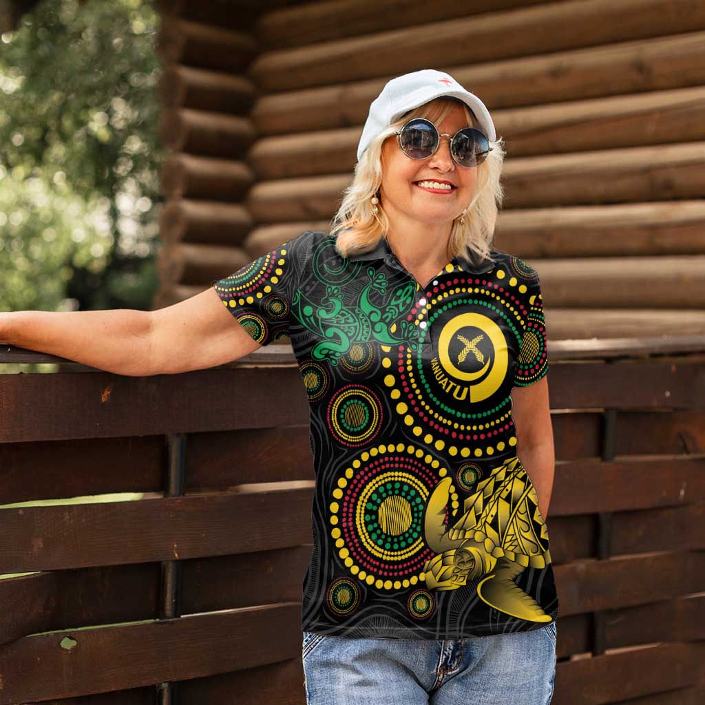 Vanuatu Personalized Aboriginal Arts Women Polo Shirt Turtle and Iguana Special - Polynesian Pride
