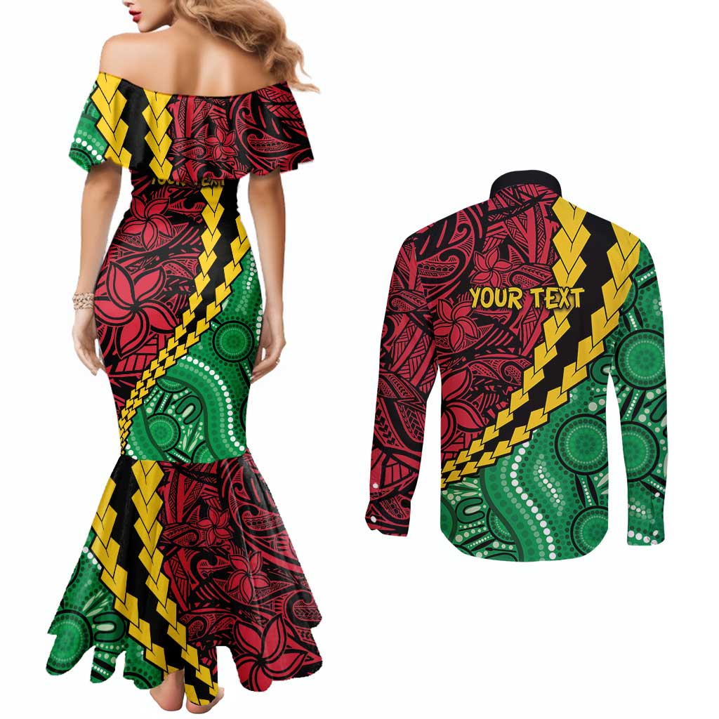 Vanuatu Personalized Tribal Couples Matching Mermaid Dress and Long Sleeve Button Shirt Aboriginal Inspired Mix Style - Polynesian Pride