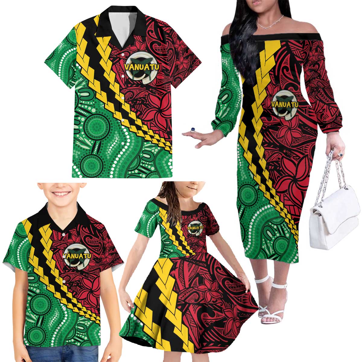 Vanuatu Personalized Tribal Family Matching Off The Shoulder Long Sleeve Dress and Hawaiian Shirt Aboriginal Inspired Mix Style LT7 - Polynesian Pride