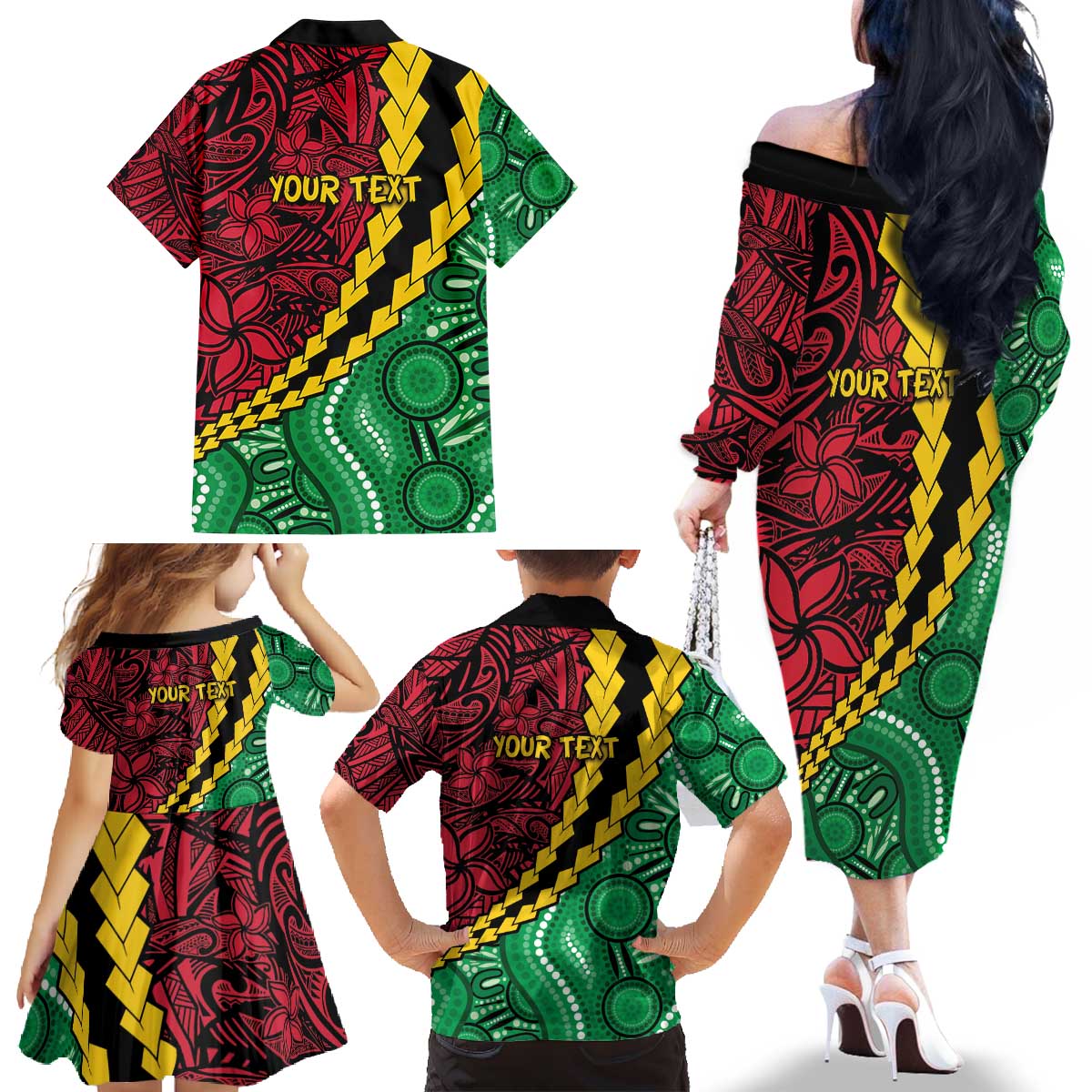 Vanuatu Personalized Tribal Family Matching Off The Shoulder Long Sleeve Dress and Hawaiian Shirt Aboriginal Inspired Mix Style LT7 - Polynesian Pride