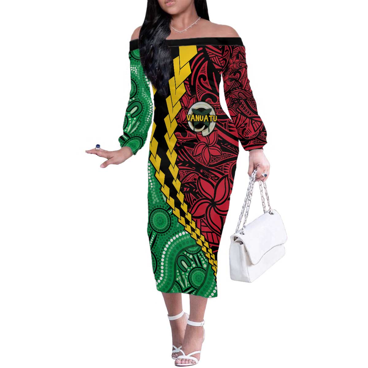Vanuatu Personalized Tribal Family Matching Off The Shoulder Long Sleeve Dress and Hawaiian Shirt Aboriginal Inspired Mix Style LT7 Mom's Dress Colorful - Polynesian Pride