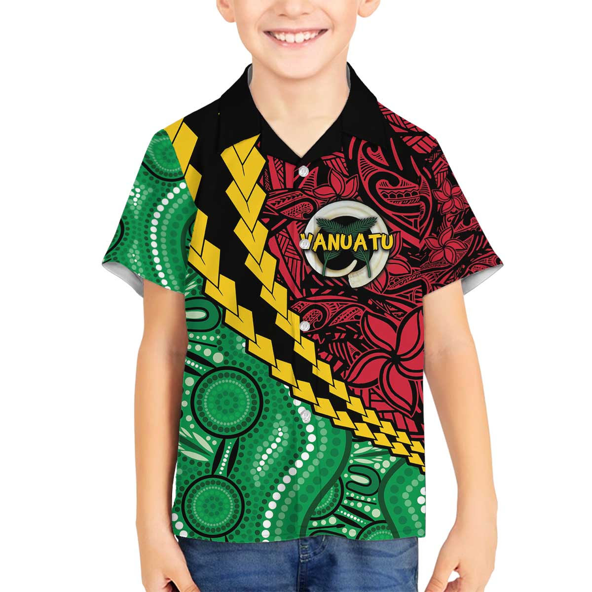 Vanuatu Personalized Tribal Family Matching Off The Shoulder Long Sleeve Dress and Hawaiian Shirt Aboriginal Inspired Mix Style LT7 Son's Shirt Colorful - Polynesian Pride