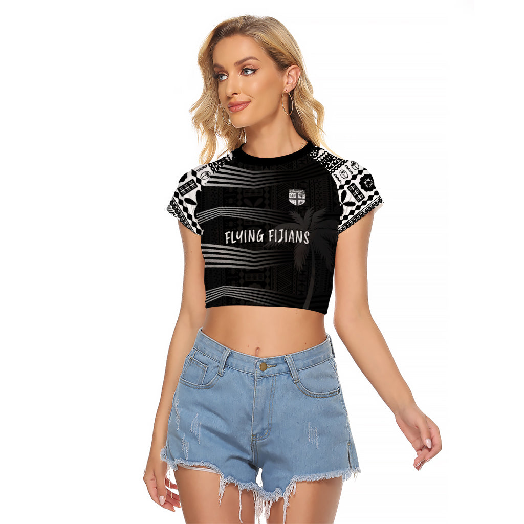 Personalised Fiji Rugby Raglan Cropped T Shirt Kaiviti WC 2023 Jersey Replica - Black LT7 Female Black - Polynesian Pride