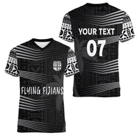 Personalised Fiji Rugby Women V Neck T Shirt Kaiviti WC 2023 Jersey Replica - Black LT7 - Polynesian Pride