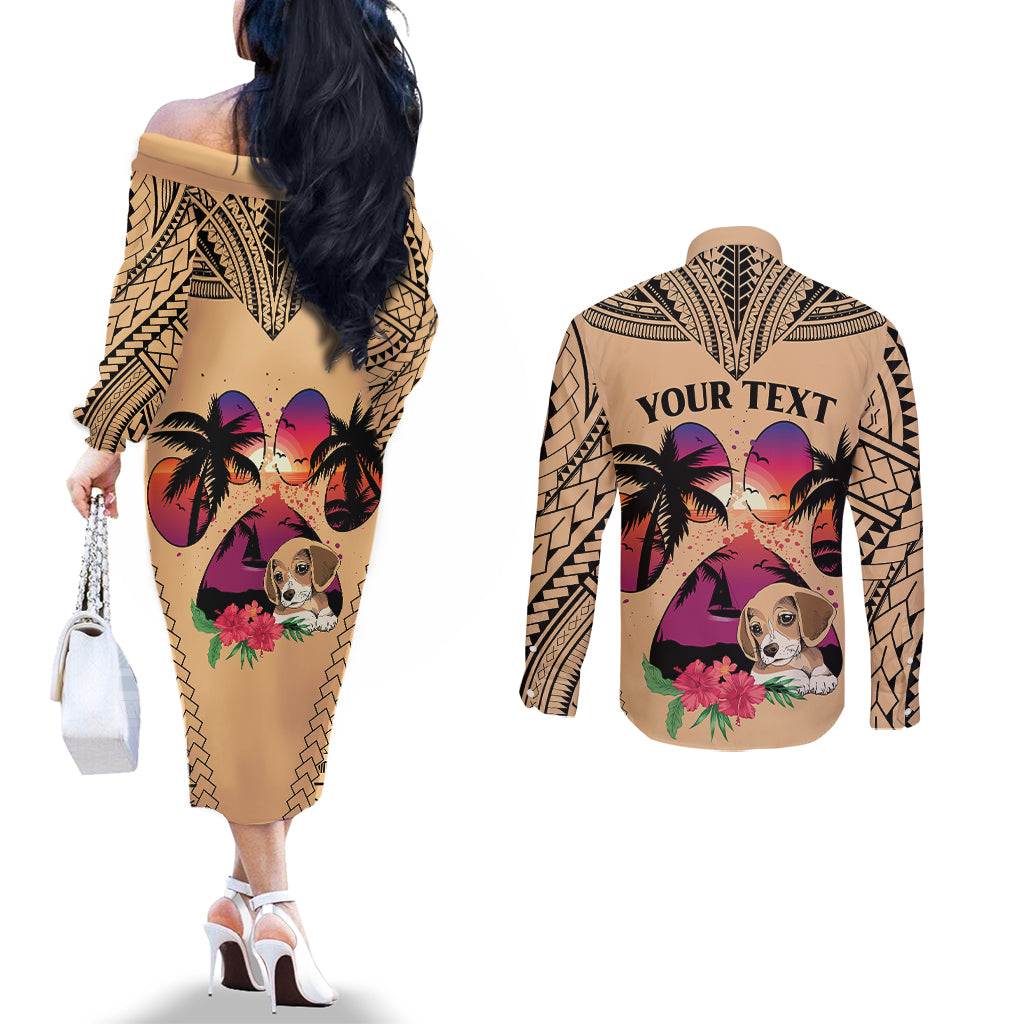 Personalised Polynesian Couples Matching Off The Shoulder Long Sleeve Dress and Long Sleeve Button Shirts Dog Lover With Beagle - Sunset At The Beach LT7 - Polynesian Pride