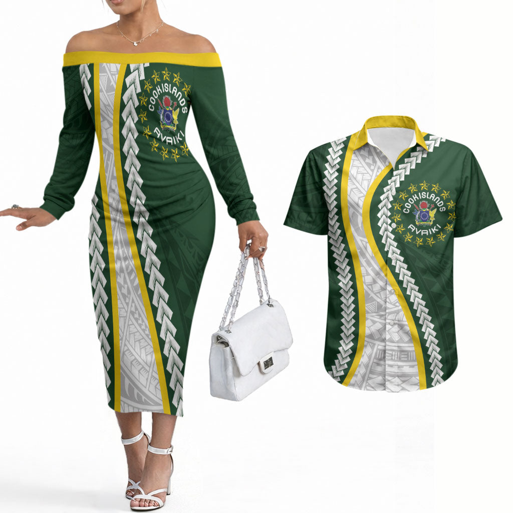 Cook Islands Rugby Personalized Avaiki Couples Matching Off The Shoulder Long Sleeve Dress and Hawaiian Shirt GO Kuki