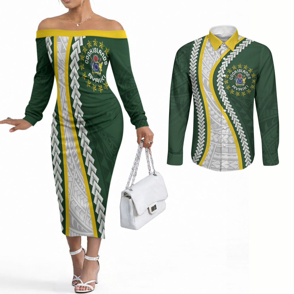 Cook Islands Rugby Personalized Avaiki Couples Matching Off The Shoulder Long Sleeve Dress and Long Sleeve Button Shirt GO Kuki LT7 Green - Polynesian Pride