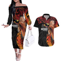 Papua New Guinea Personalised Couples Matching Off The Shoulder Long Sleeve Dress and Hawaiian Shirt Grunge Style 49th Independence Anni LT7 Black Red - Polynesian Pride