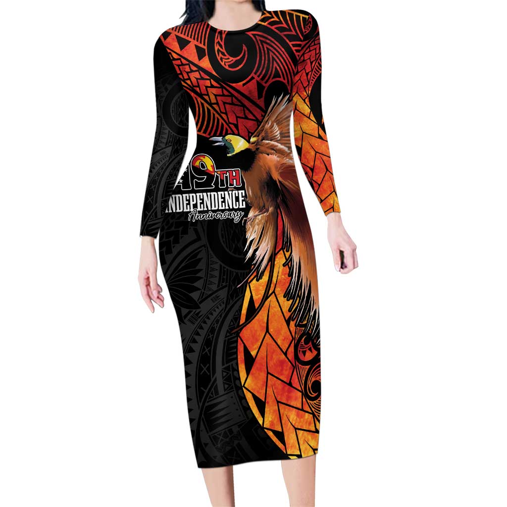 Papua New Guinea Personalised Family Matching Long Sleeve Bodycon Dress and Hawaiian Shirt Grunge Style 49th Independence Anni LT7 Mom's Dress Black Red - Polynesian Pride
