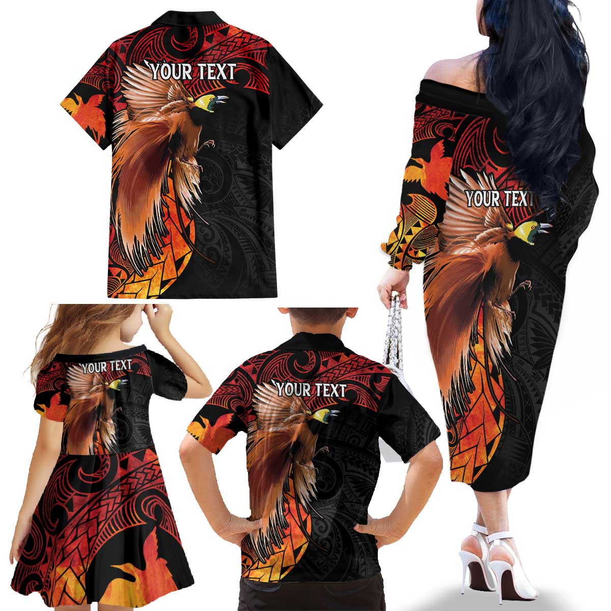 Papua New Guinea Personalised Family Matching Off The Shoulder Long Sleeve Dress and Hawaiian Shirt Grunge Style 49th Independence Anni LT7 - Polynesian Pride