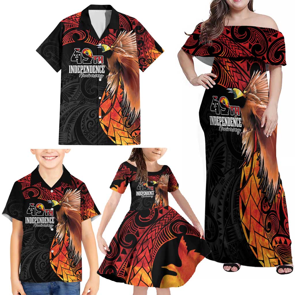 Papua New Guinea Personalised Family Matching Off Shoulder Maxi Dress and Hawaiian Shirt Grunge Style 49th Independence Anni LT7 - Polynesian Pride