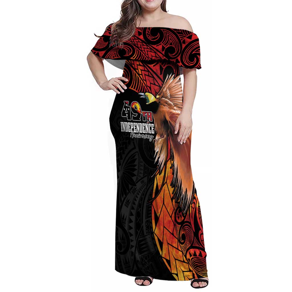 Papua New Guinea Personalised Family Matching Off Shoulder Maxi Dress and Hawaiian Shirt Grunge Style 49th Independence Anni LT7 Mom's Dress Black Red - Polynesian Pride
