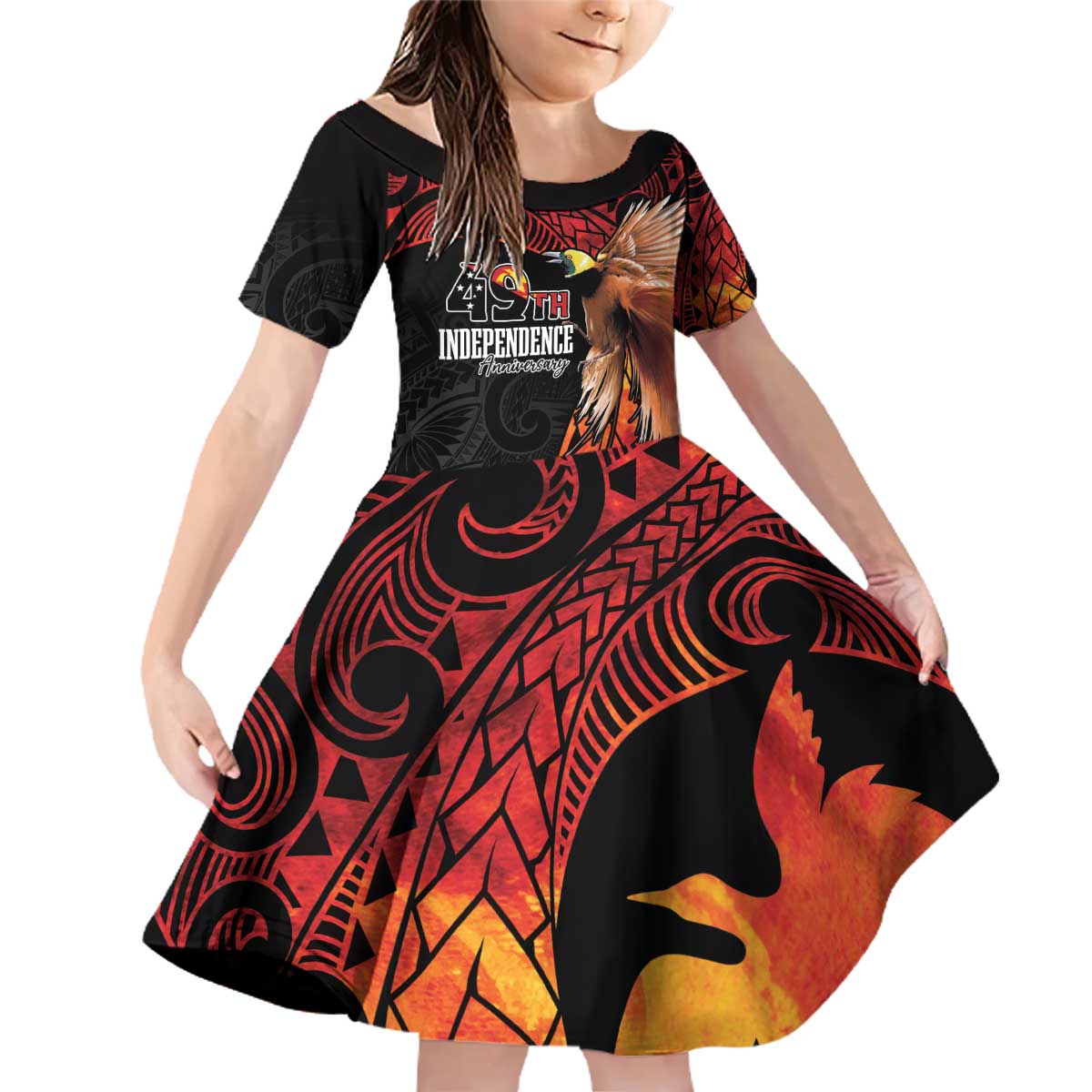Papua New Guinea Personalised Family Matching Off Shoulder Short Dress and Hawaiian Shirt Grunge Style 49th Independence Anni LT7 Daughter's Dress Black Red - Polynesian Pride