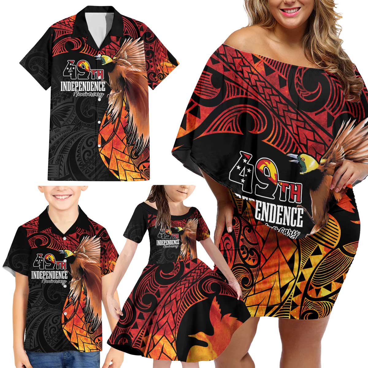 Papua New Guinea Personalised Family Matching Off Shoulder Short Dress and Hawaiian Shirt Grunge Style 49th Independence Anni LT7 - Polynesian Pride