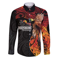 Papua New Guinea Personalised Family Matching Off Shoulder Short Dress and Hawaiian Shirt Grunge Style 49th Independence Anni LT7 Dad's Shirt - Long Sleeve Black Red - Polynesian Pride
