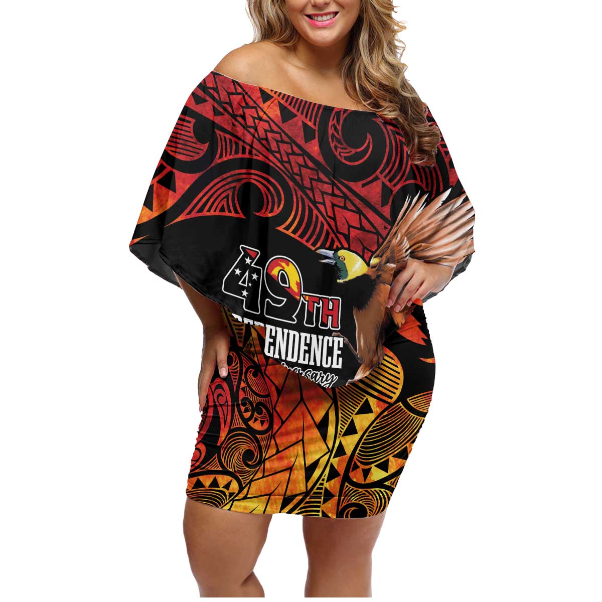 Papua New Guinea Personalised Family Matching Off Shoulder Short Dress and Hawaiian Shirt Grunge Style 49th Independence Anni LT7 Mom's Dress Black Red - Polynesian Pride