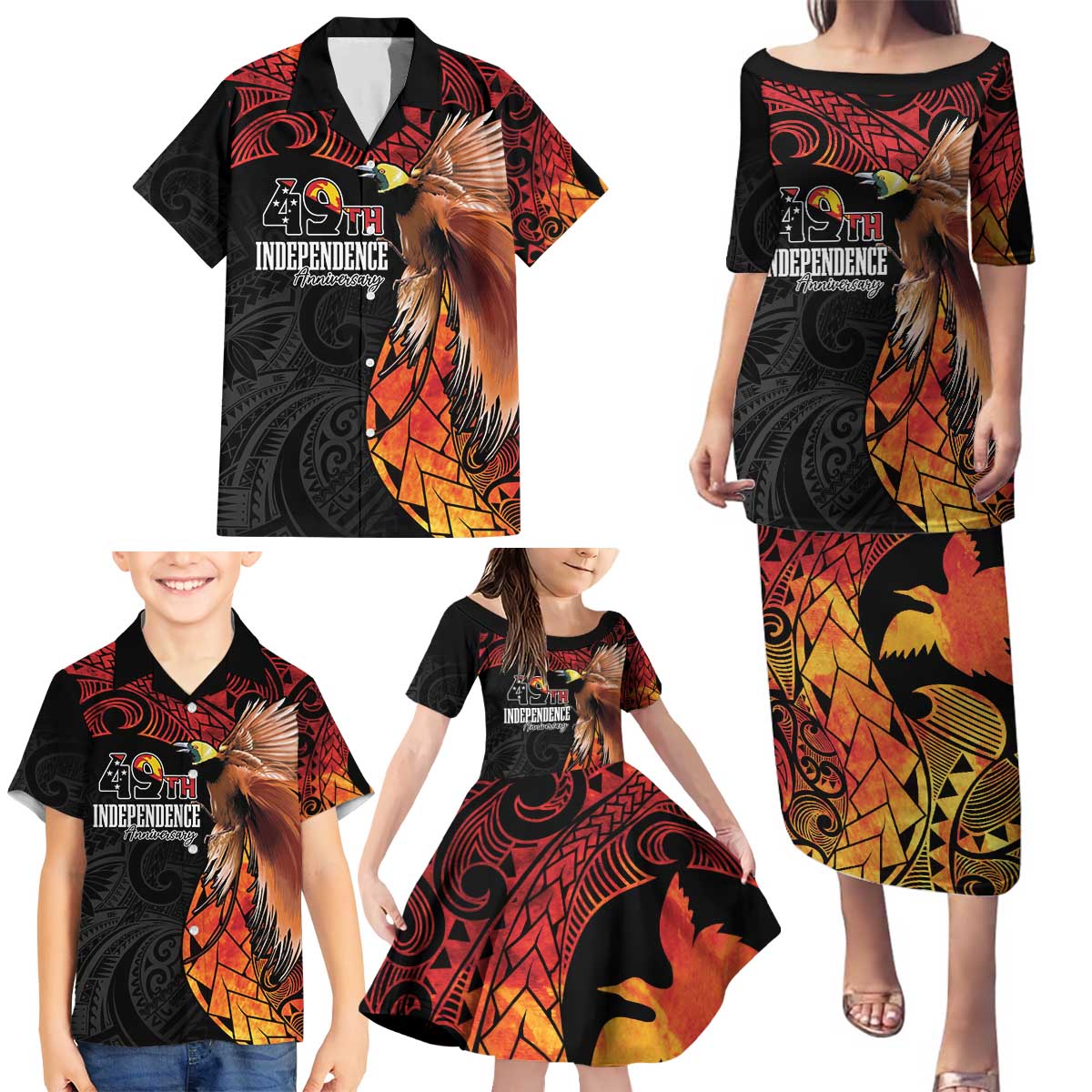 Papua New Guinea Personalised Family Matching Puletasi and Hawaiian Shirt Grunge Style 49th Independence Anni LT7 - Polynesian Pride