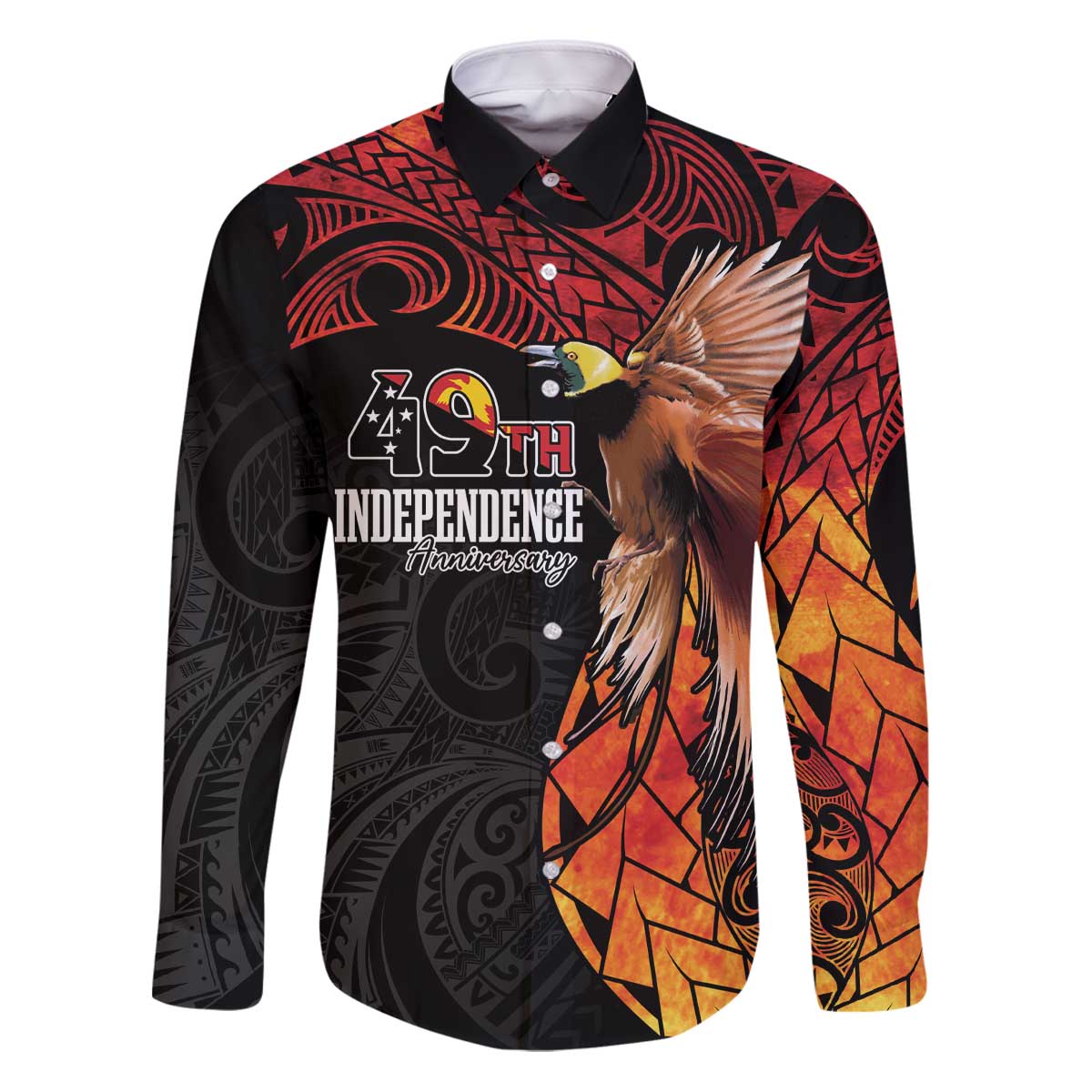 Papua New Guinea Personalised Family Matching Puletasi and Hawaiian Shirt Grunge Style 49th Independence Anni LT7 Dad's Shirt - Long Sleeve Black Red - Polynesian Pride