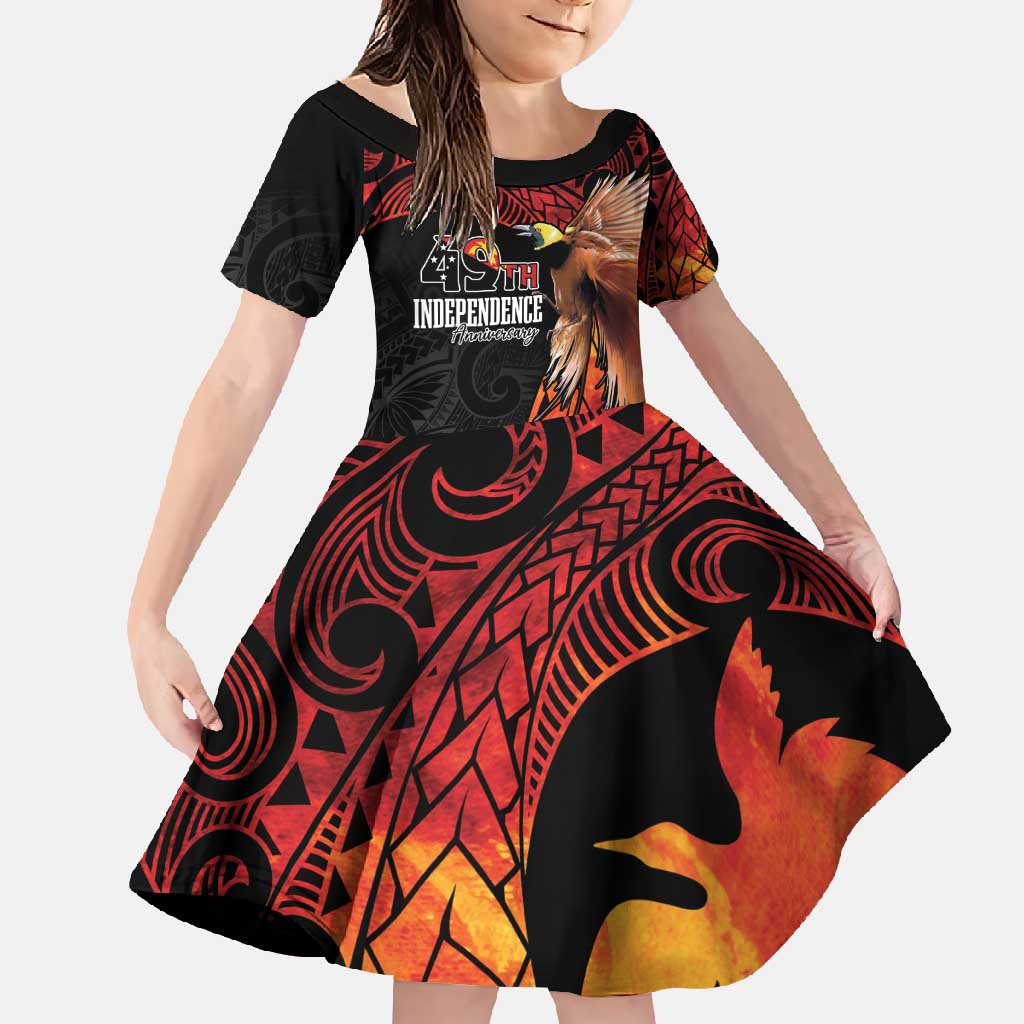 Papua New Guinea Personalised Family Matching Short Sleeve Bodycon Dress and Hawaiian Shirt Grunge Style 49th Independence Anni LT7 Daughter's Dress Black Red - Polynesian Pride