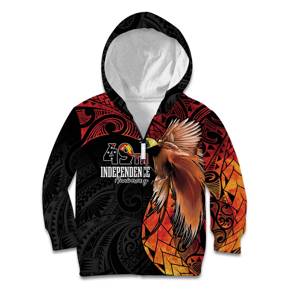 Papua New Guinea Personalised Kid Hoodie Grunge Style 49th Independence Anni LT7 Zip Hoodie Black Red - Polynesian Pride