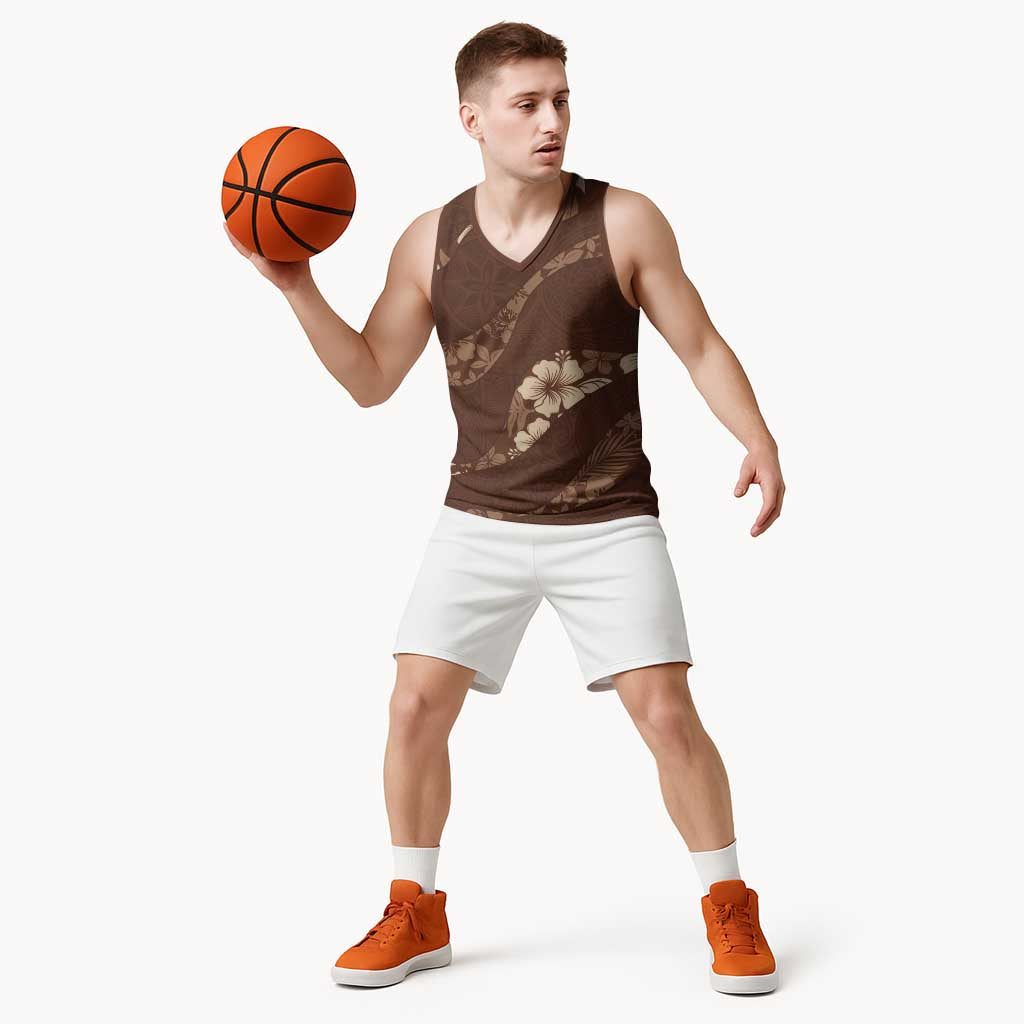 Aloha Hawaii Floral Tapa Basketball Jersey Patchwork Mocha - Polynesian Pride