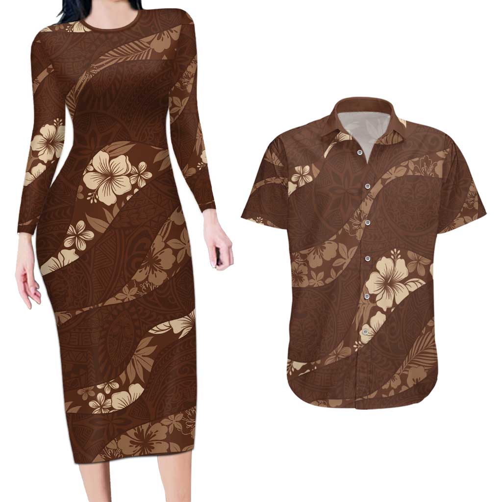 Aloha Hawaii Floral Tapa Couples Matching Long Sleeve Bodycon Dress and Hawaiian Shirt Patchwork Mocha LT7 Mocha - Polynesian Pride