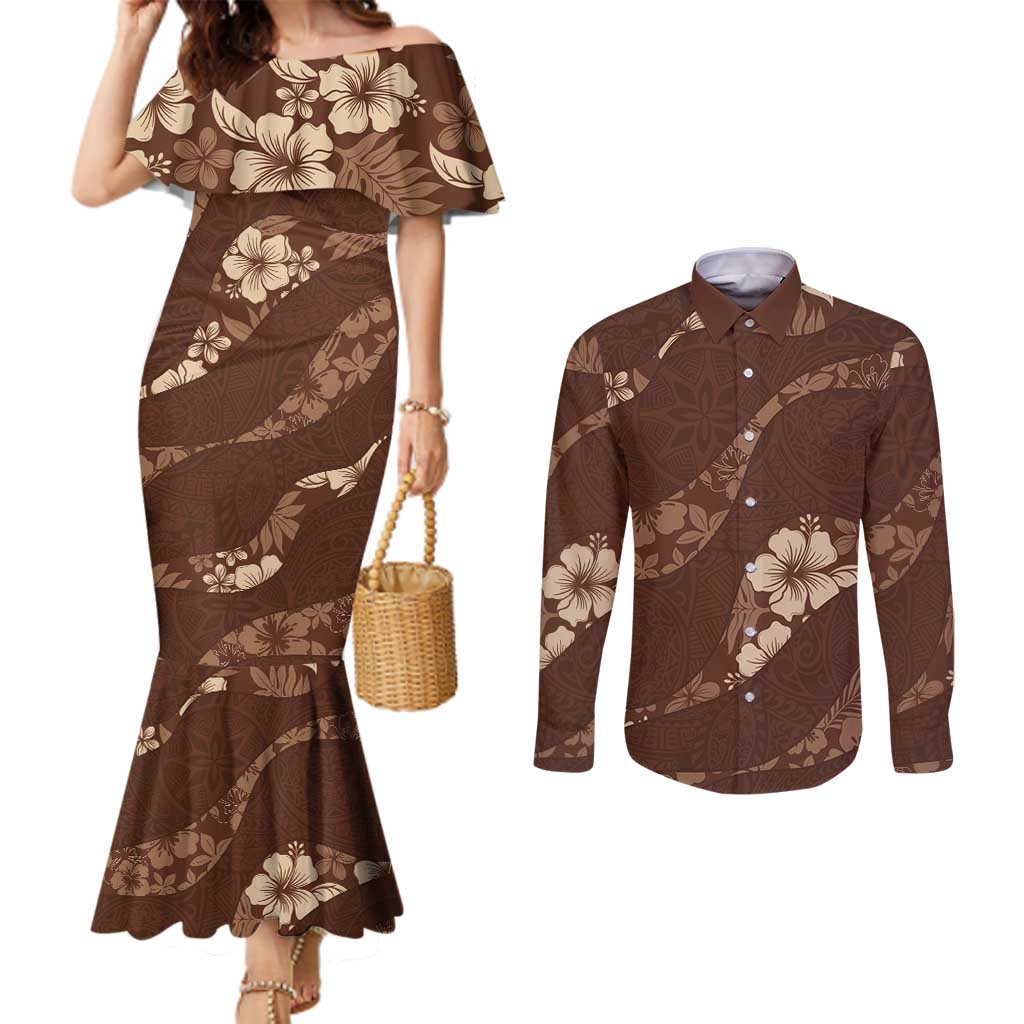 Aloha Hawaii Floral Tapa Couples Matching Mermaid Dress and Long Sleeve Button Shirt Patchwork Mocha LT7 Mocha - Polynesian Pride