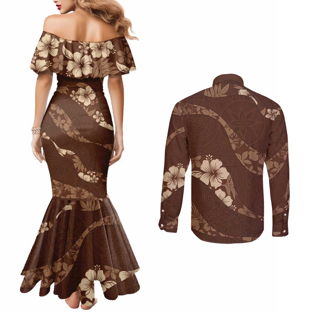 Aloha Hawaii Floral Tapa Couples Matching Mermaid Dress and Long Sleeve Button Shirt Patchwork Mocha LT7 - Polynesian Pride