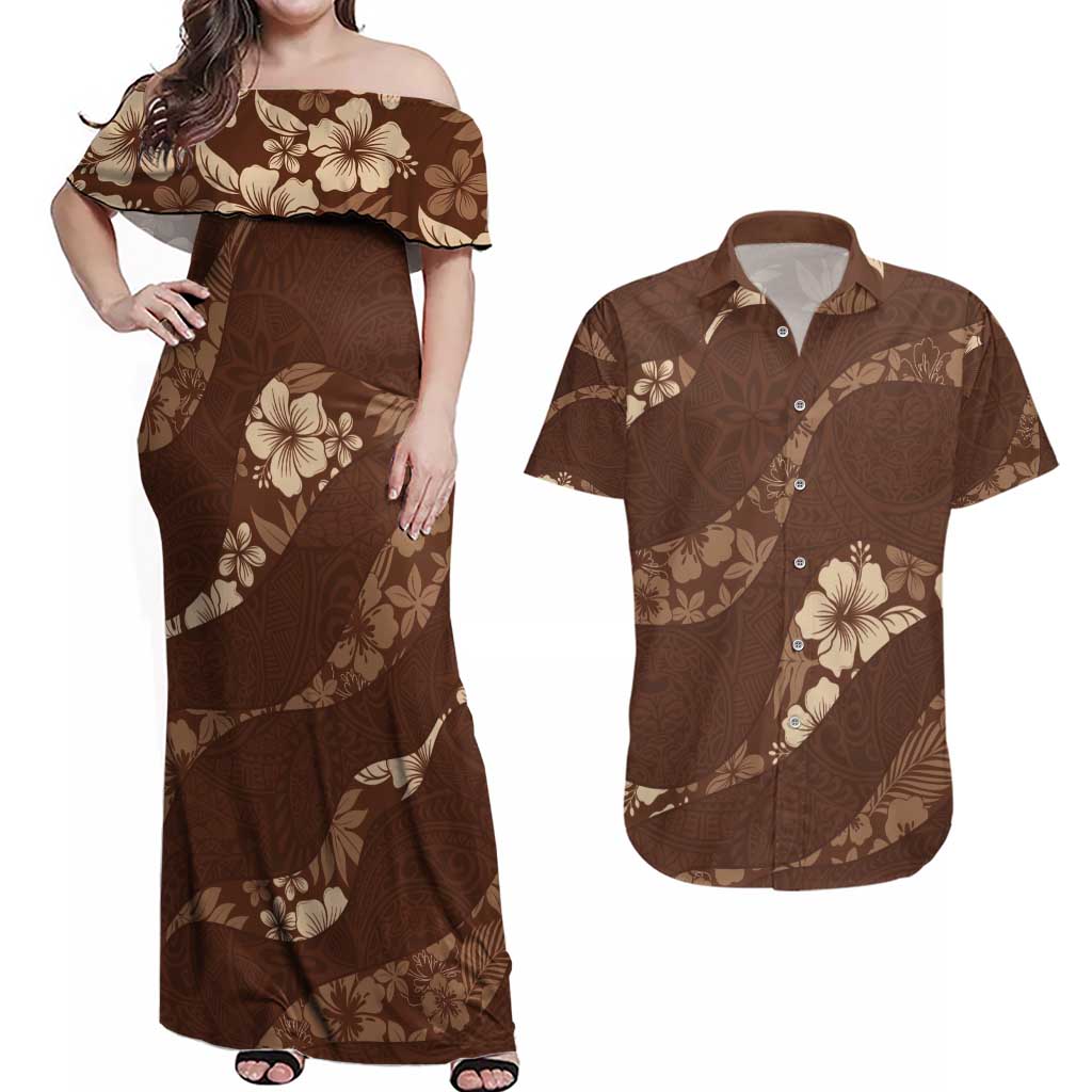 Aloha Hawaii Floral Tapa Couples Matching Off Shoulder Maxi Dress and Hawaiian Shirt Patchwork Mocha LT7 Mocha - Polynesian Pride