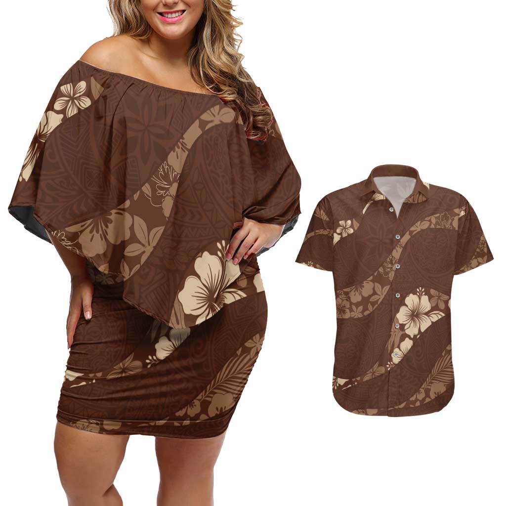 Aloha Hawaii Floral Tapa Couples Matching Off Shoulder Short Dress and Hawaiian Shirt Patchwork Mocha LT7 Mocha - Polynesian Pride