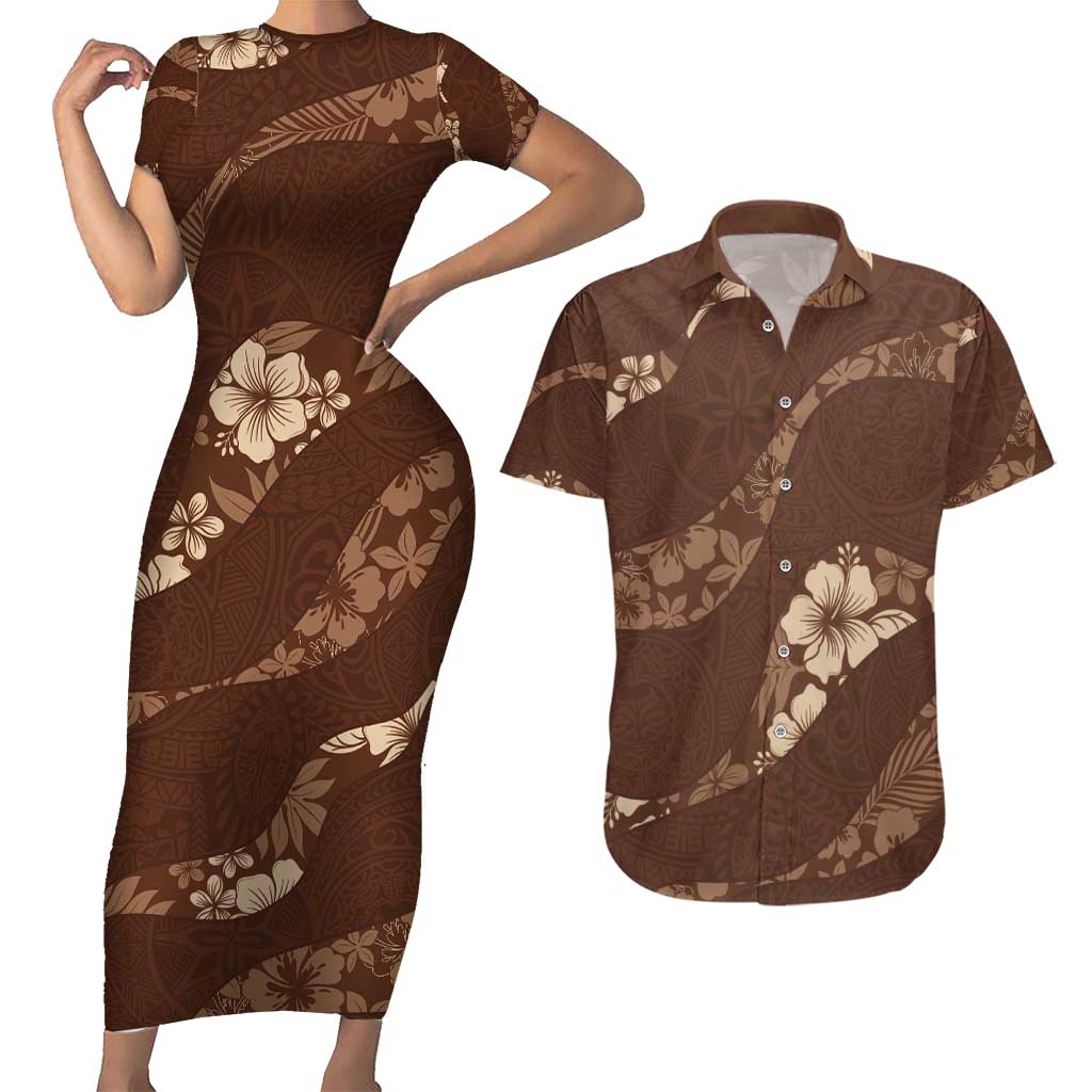 Aloha Hawaii Floral Tapa Couples Matching Short Sleeve Bodycon Dress and Hawaiian Shirt Patchwork Mocha LT7 Mocha - Polynesian Pride