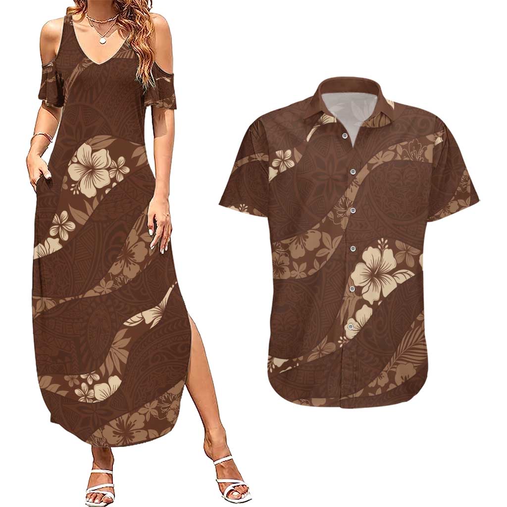 Aloha Hawaii Floral Tapa Couples Matching Summer Maxi Dress and Hawaiian Shirt Patchwork Mocha LT7 Mocha - Polynesian Pride