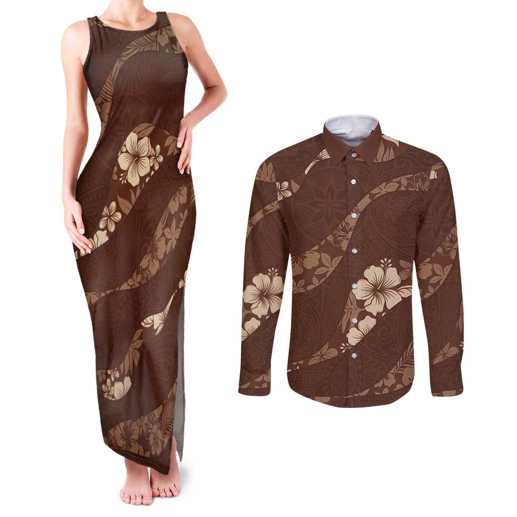 Aloha Hawaii Floral Tapa Couples Matching Tank Maxi Dress and Long Sleeve Button Shirt Patchwork Mocha LT7 Mocha - Polynesian Pride