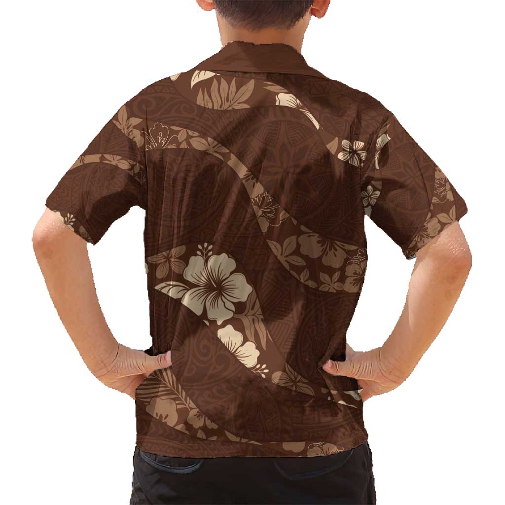 Aloha Hawaii Floral Tapa Family Matching Long Sleeve Bodycon Dress and Hawaiian Shirt Patchwork Mocha - Polynesian Pride