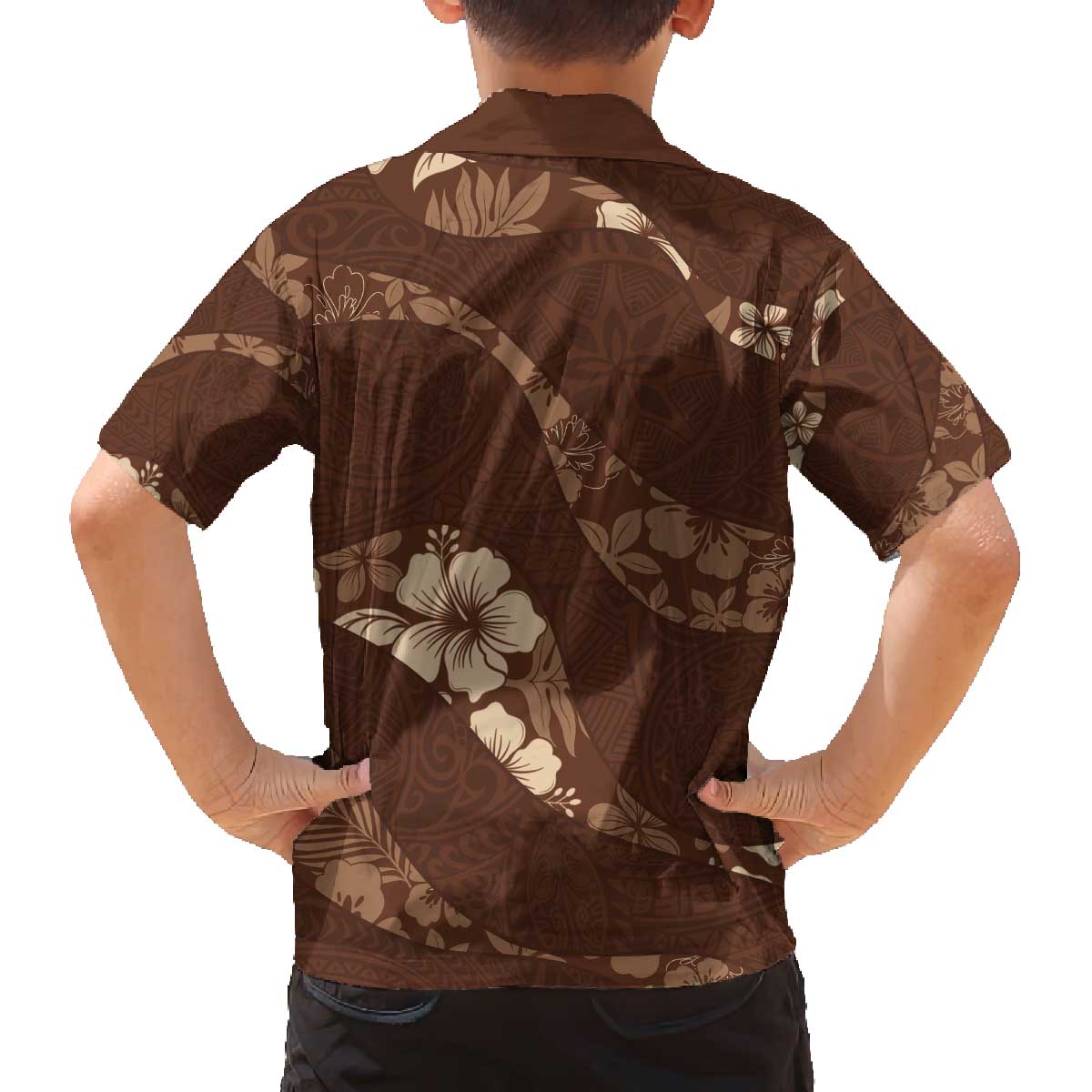Aloha Hawaii Floral Tapa Family Matching Off The Shoulder Long Sleeve Dress and Hawaiian Shirt Patchwork Mocha - Polynesian Pride