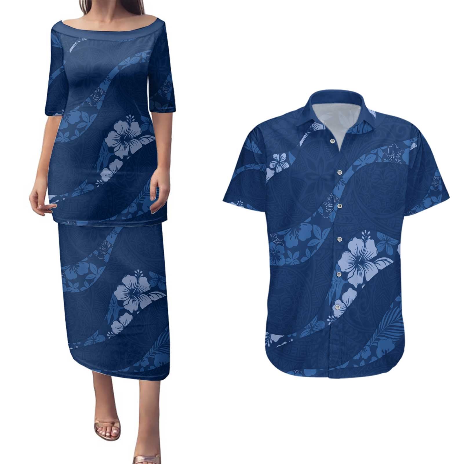 Aloha Hawaii Floral Tapa Couples Matching Puletasi and Hawaiian Shirt Patchwork Navy - Polynesian Pride