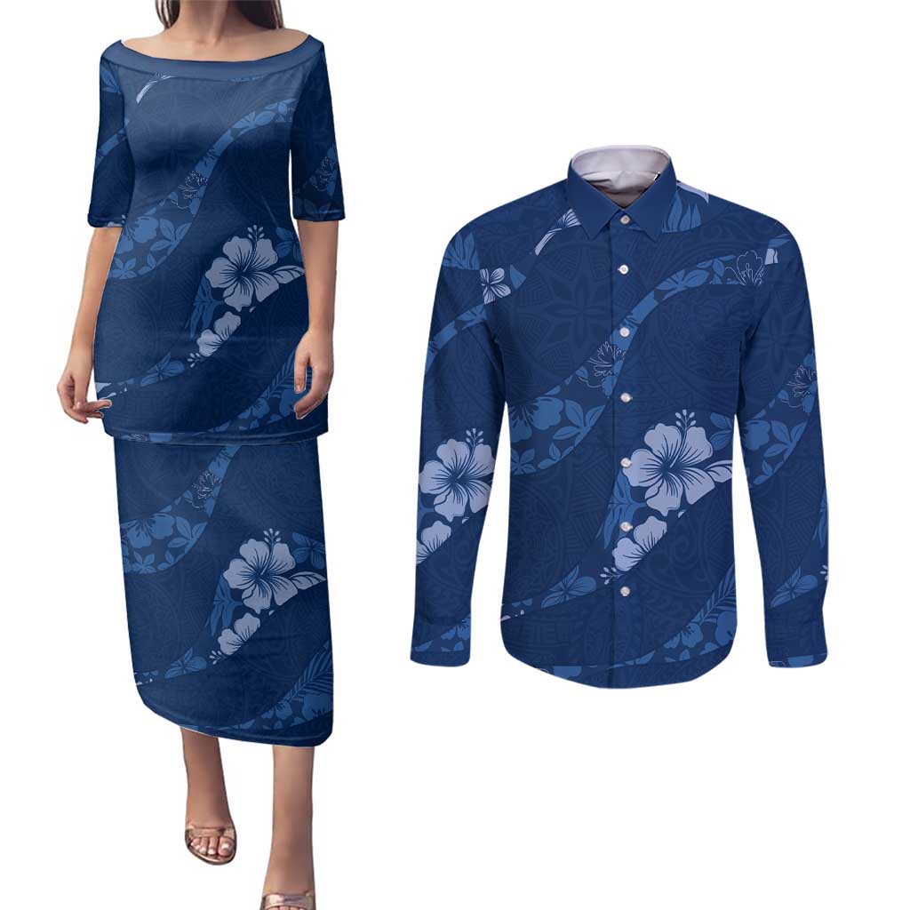 Aloha Hawaii Floral Tapa Couples Matching Puletasi and Long Sleeve Button Shirt Patchwork Navy - Polynesian Pride