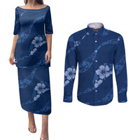 Aloha Hawaii Floral Tapa Couples Matching Puletasi and Long Sleeve Button Shirt Patchwork Navy - Polynesian Pride