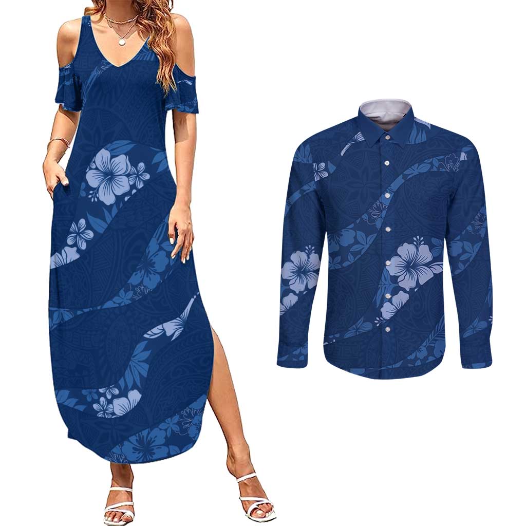 Aloha Hawaii Floral Tapa Couples Matching Summer Maxi Dress and Long Sleeve Button Shirt Patchwork Navy LT7 Navy - Polynesian Pride